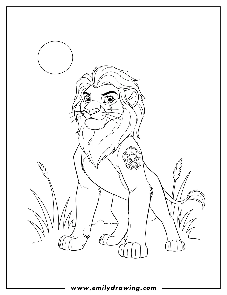 Doodle style coloring picture of teenage Kion Lion Guard standing confidently with his mark