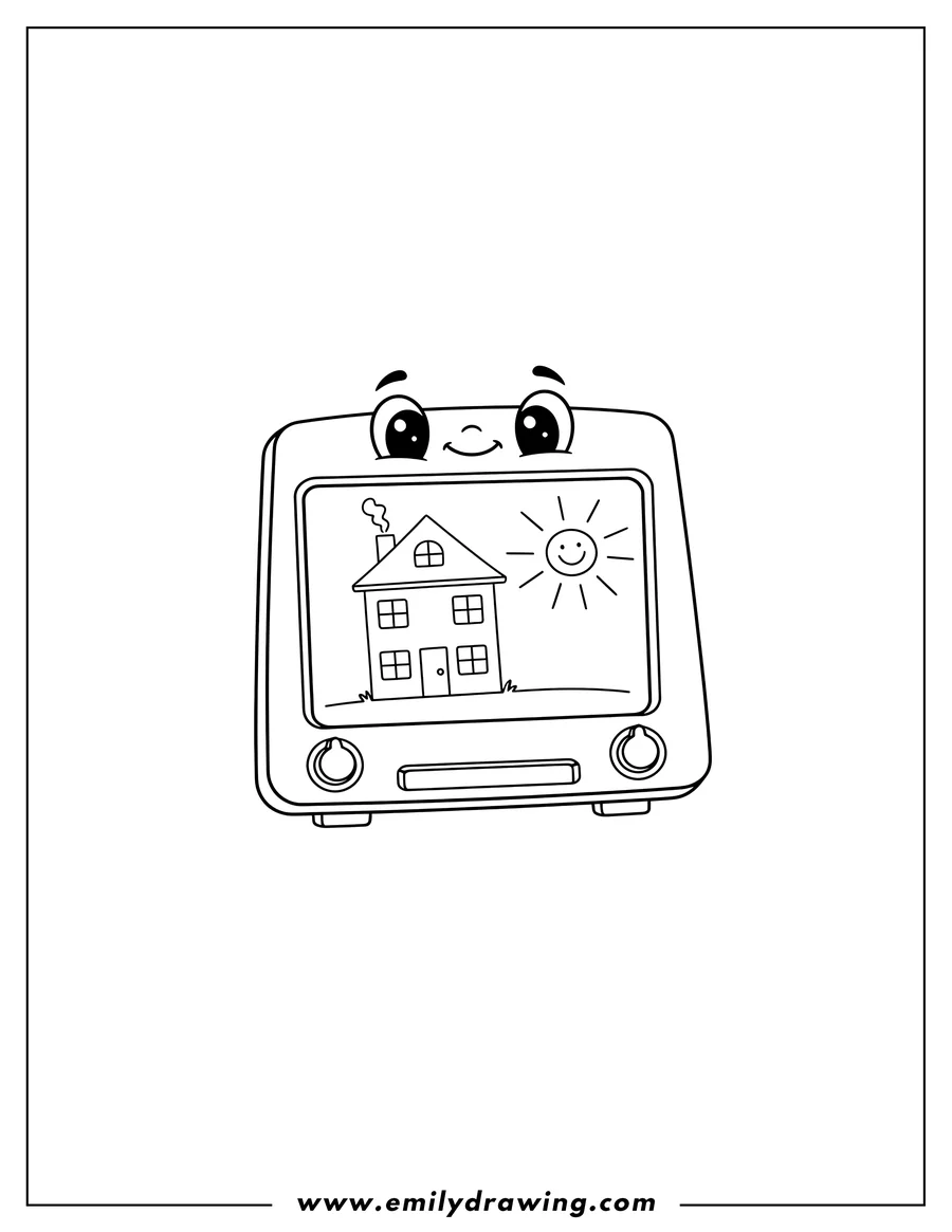 Outline drawing of telecran Sketching Pad drawing a house and a sun