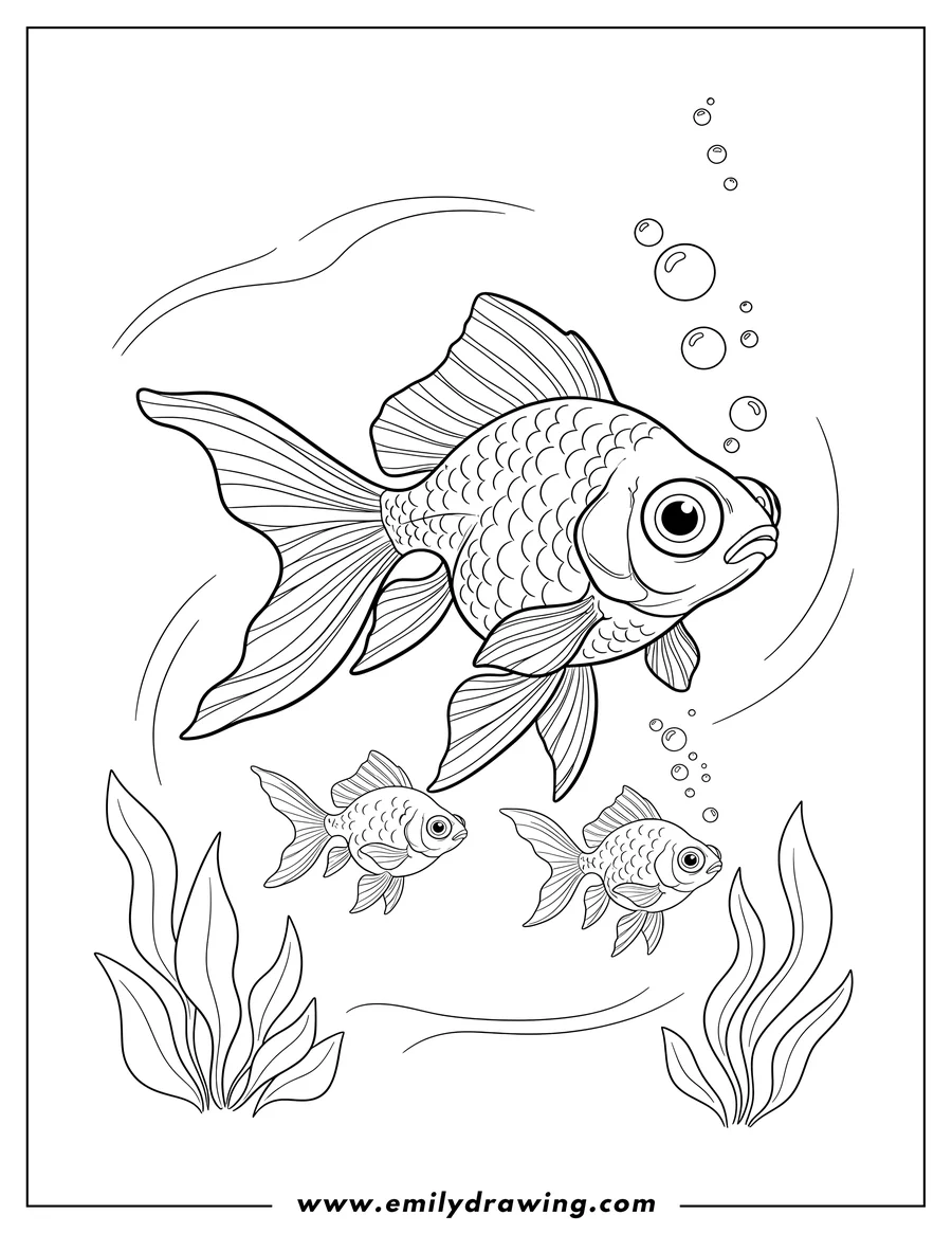 Printable line art of telescope Goldfish with flowing fins swimming with two smaller goldfish