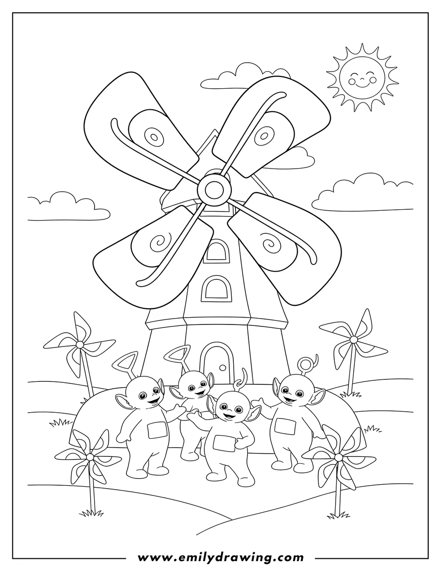 Simple sketch of teletubbies Magic Windmill, large pinwheel-style, with smaller windmills to color