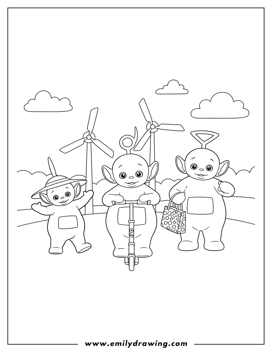 Coloring sheet featuring teletubbies Laa Laa riding a scooter, Tinky Winky holding a bag, Dipsy, and Po wearing a hat, outdoors with windmills