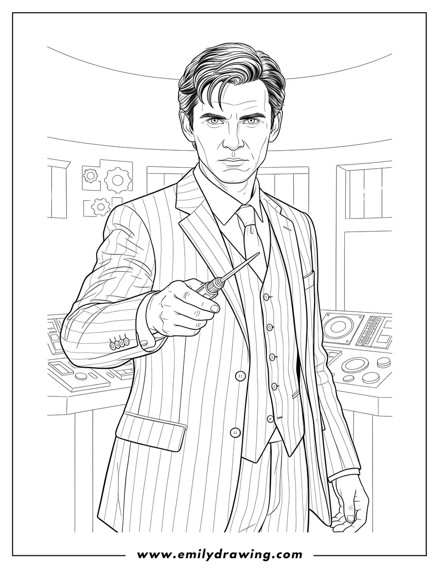 Coloring sheet featuring tenth Doctor Who wearing suit and tie, with a serious expression, holding Sonic Screwdriver