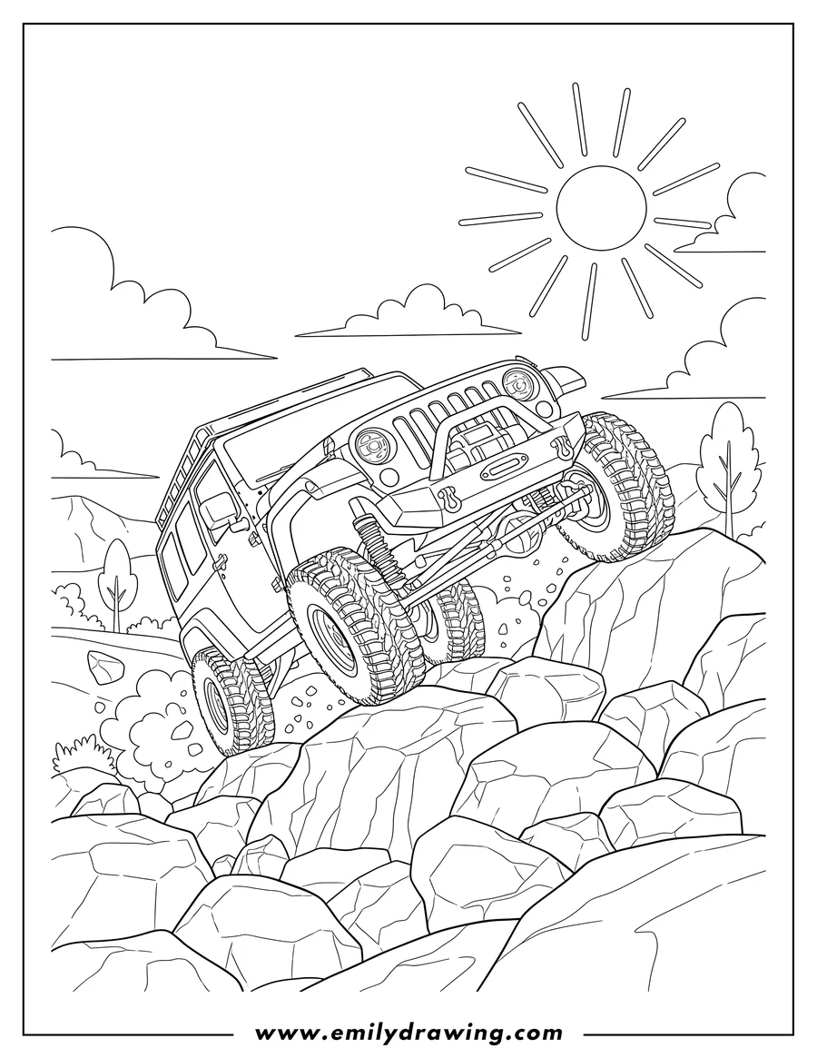 Coloring sheet featuring teraflex Jeep climbing rocky terrain