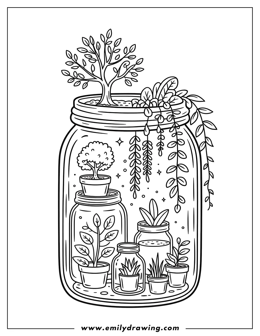Line art of a terrarium, a large glass jar filled with various small plants. A small tree grows out of the top of the main jar, and inside are several smaller potted plants and plants in miniature jars.