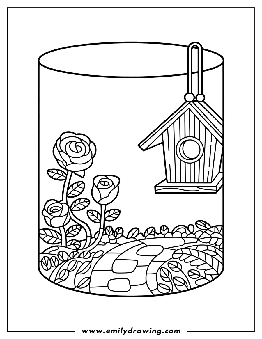 Line art of a terrarium with roses and a birdhouse inside. A winding path and small plants are also visible within the cylindrical glass container.