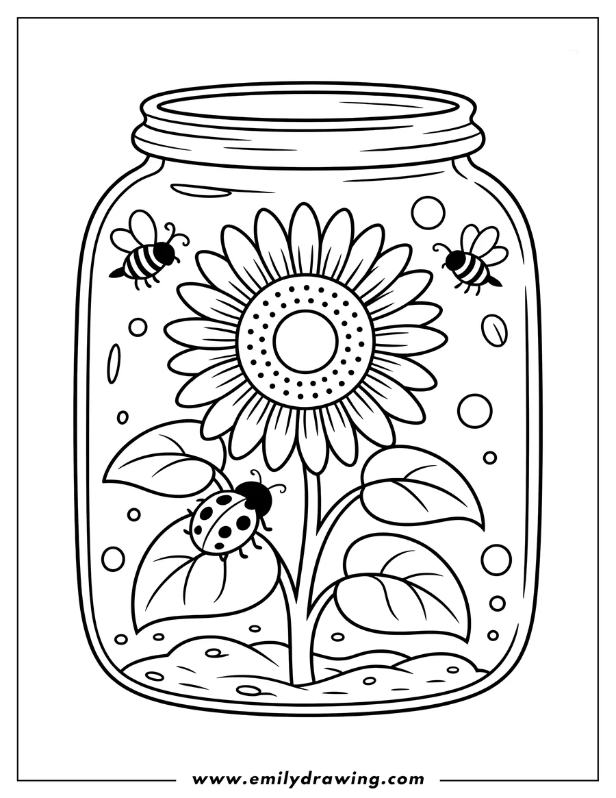 Line art of a terrarium with a sunflower, two bees, and a ladybug inside. The sunflower is in the center, with a ladybug on one of its leaves. Two bees fly near the top of the flower. Various small circles and ovals are scattered inside the jar.