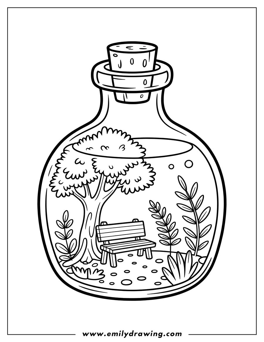 Line art of a terrarium inside a sealed glass bottle with a cork, featuring a small tree, a park bench, and various plants and foliage.