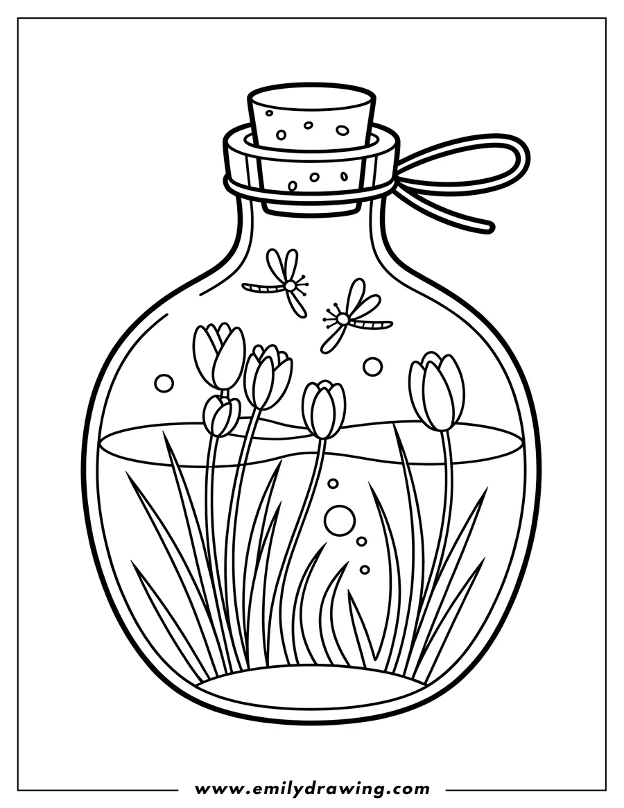 Outline of a terrarium in a bottle with a cork, featuring tulips growing in water and two dragonflies flying above them.