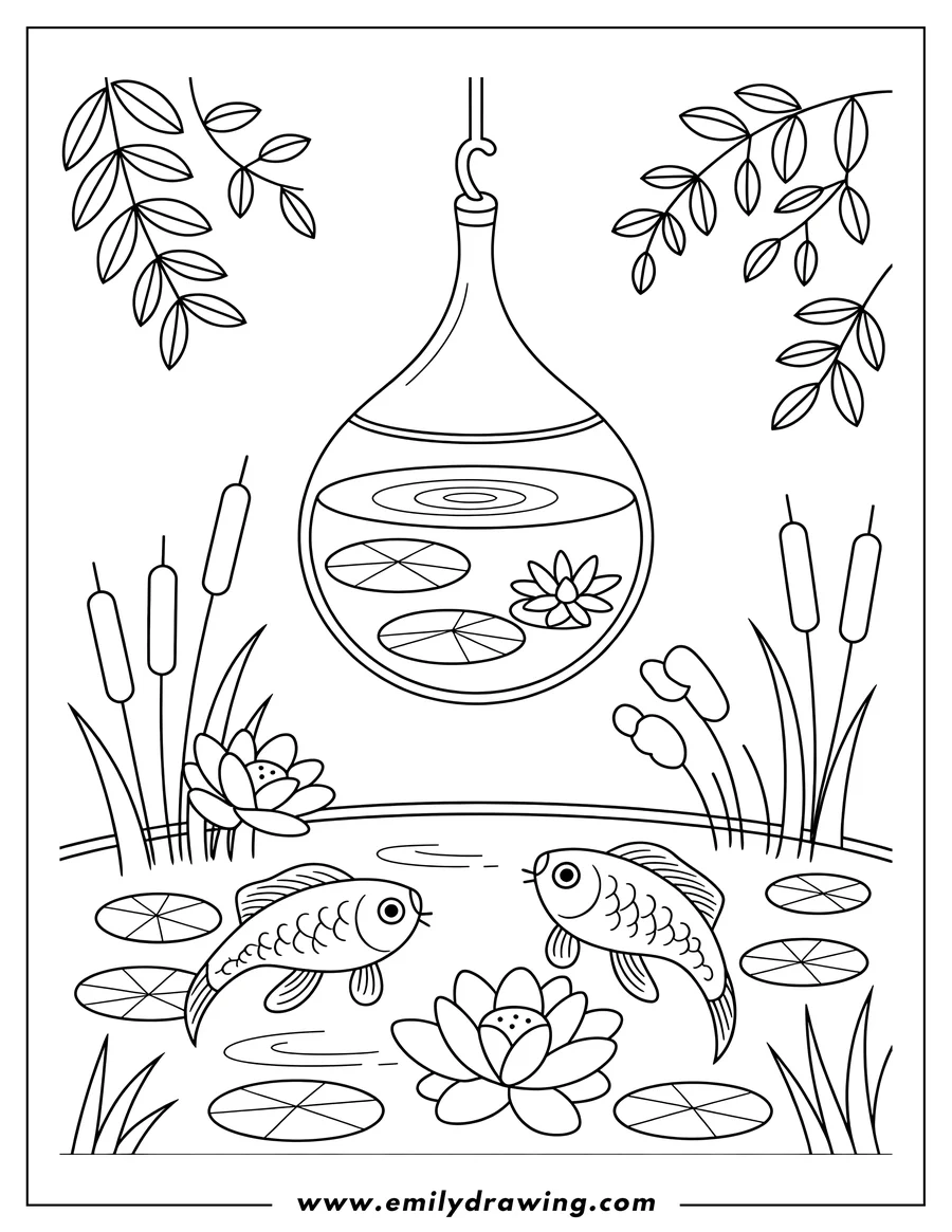 Outline of a hanging terrarium with lily pads and a water lily, situated above a pond with two fish, more lily pads, and cattails. Leaves hang from the top corners.