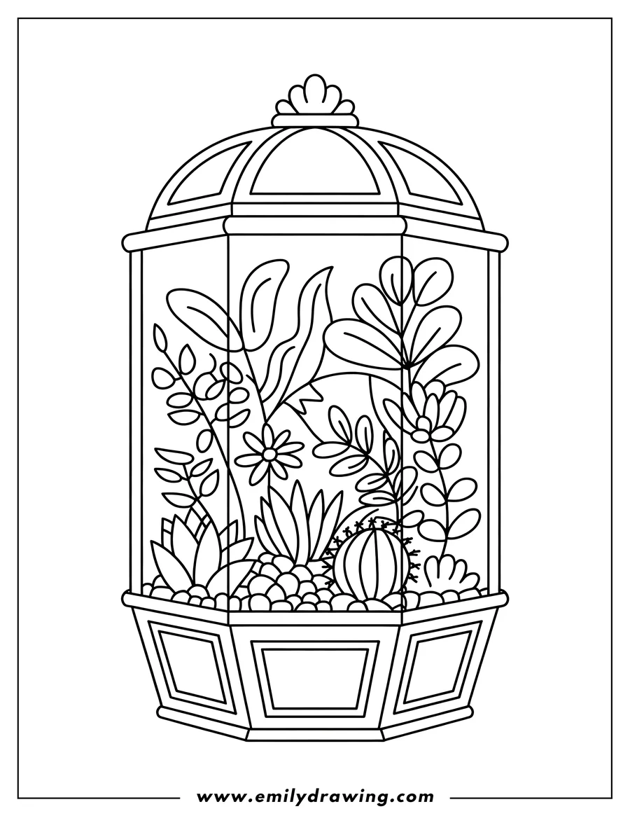 Outline of a terrarium filled with various leafy plants, succulents, a cactus, and small pebbles at the base.