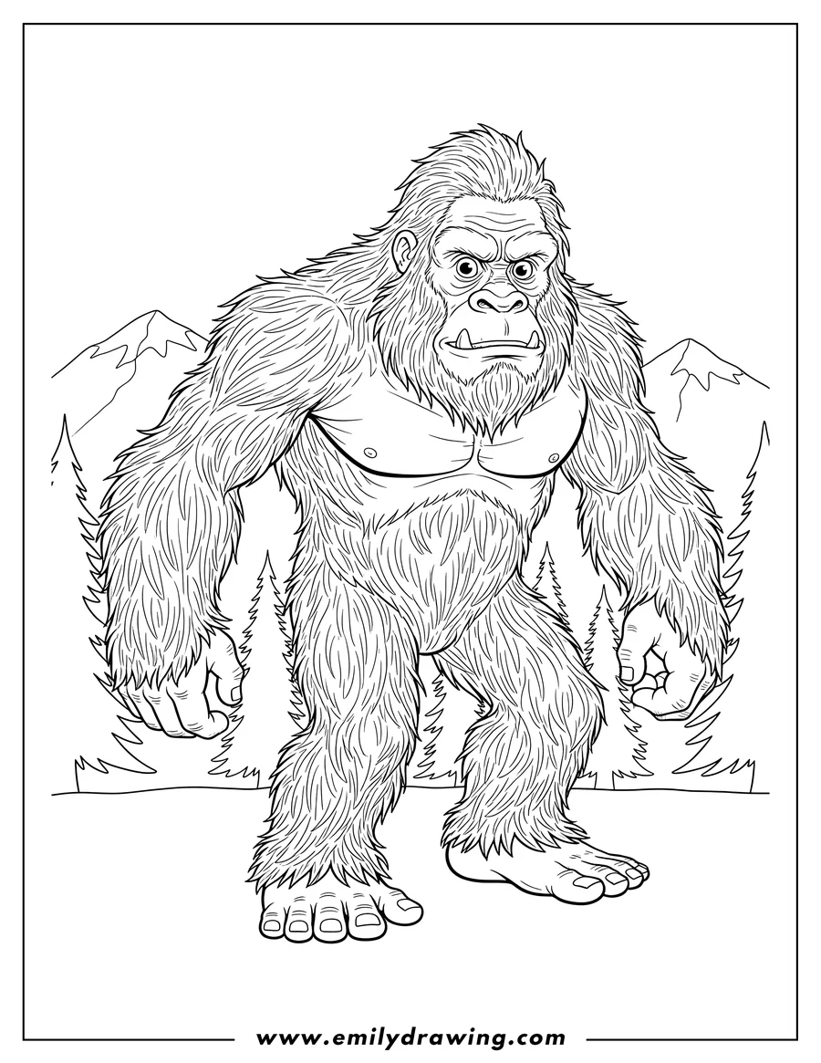 Vector style outline of terrifying Big Foot With Detailed Fur, taking a step with a serious expression