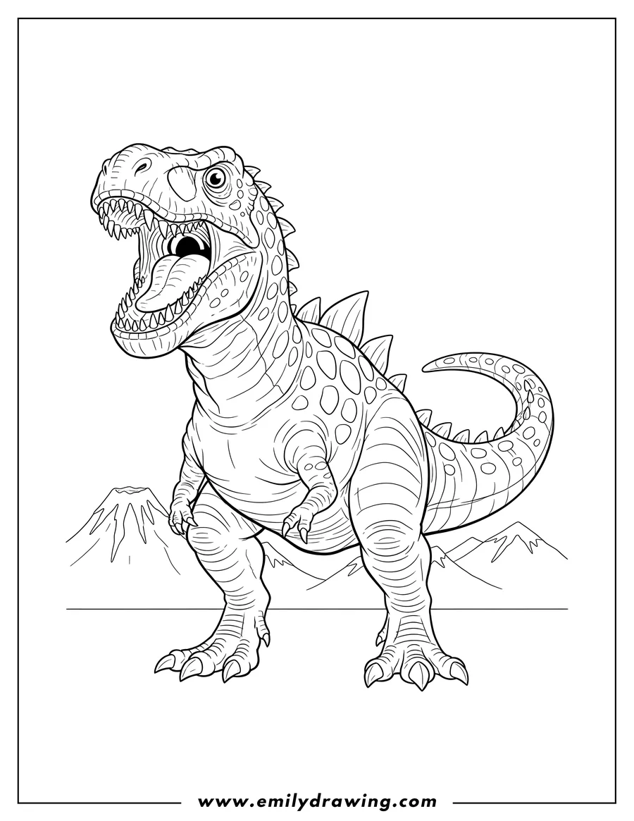 Simple sketch of terrifying Gigantosaurus with scaly skin and spiky back, roaring with an open mouth to color