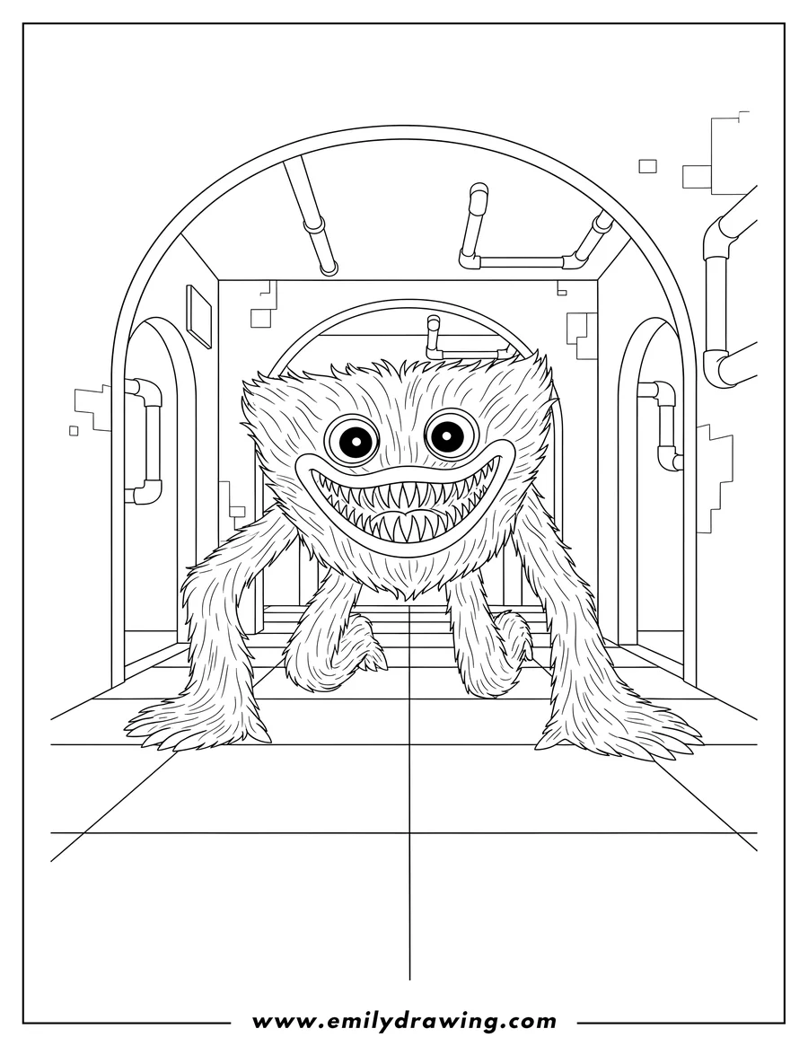Printable coloring page of terrifying Huggy Wuggy crawling with a big toothy smile in a corridor