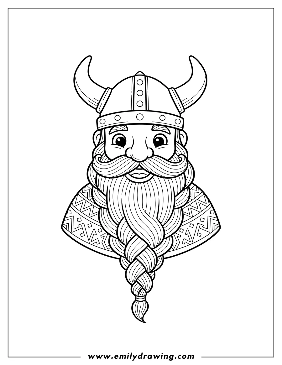 Clean line drawing: terrifying Viking Portrait with horned helmet and long beard