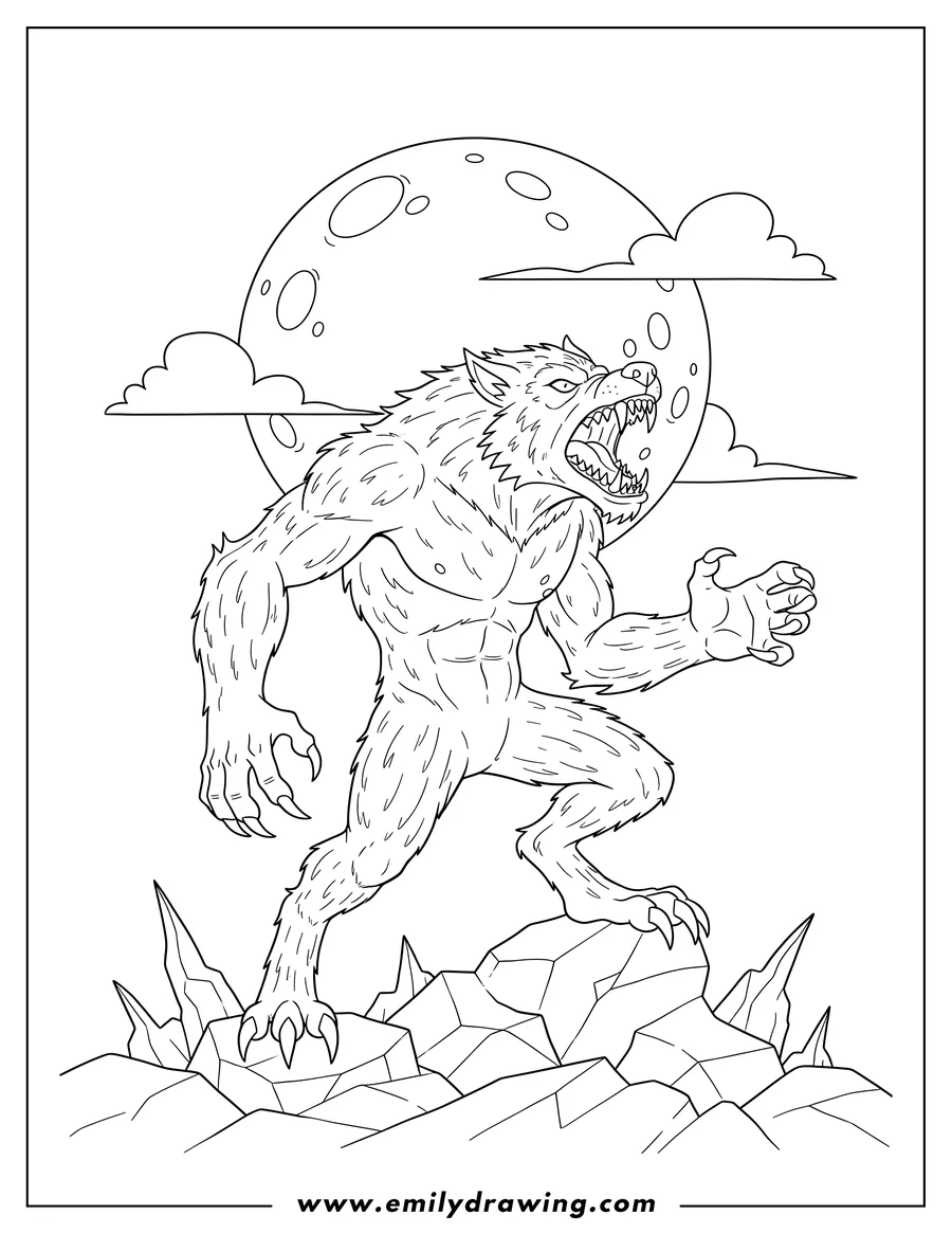 Full page coloring image of terrifying Werewolf At Full Moon, roaring fiercely with sharp claws, poised on jagged rocks