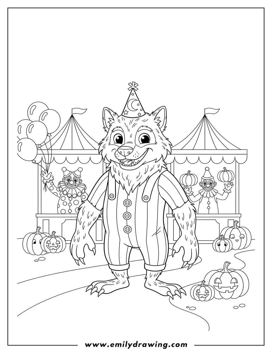 Coloring page for kids: terrifying Werewolf standing at a Carnival with Clowns in booths and pumpkins
