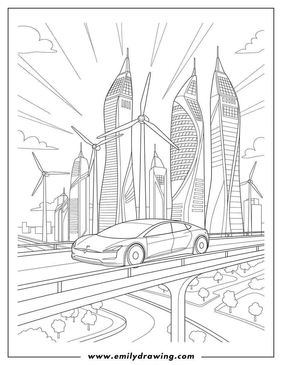 Black and white line art of tesla car driving in a futuristic city with wind turbines and solar panels