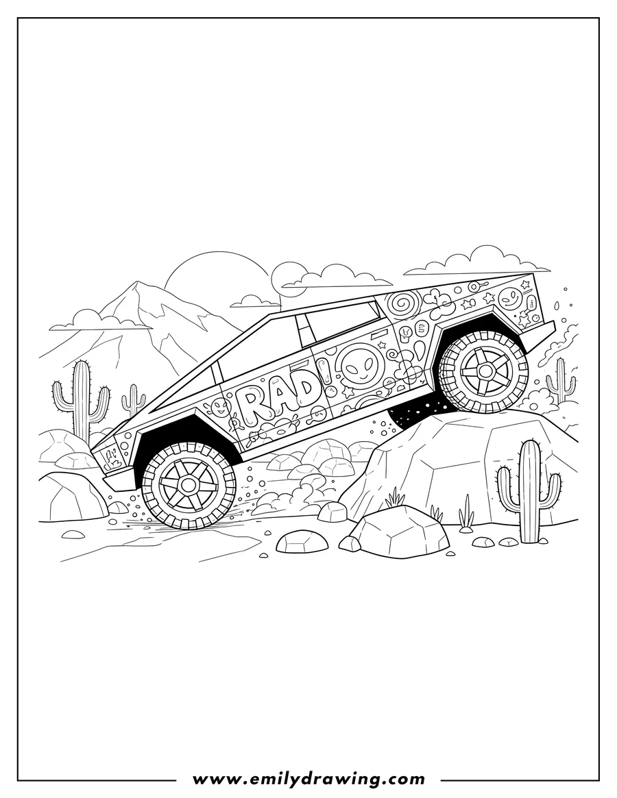 Printable coloring page of tesla Cybertruck With Graffiti Off Roading, angled on a rocky path