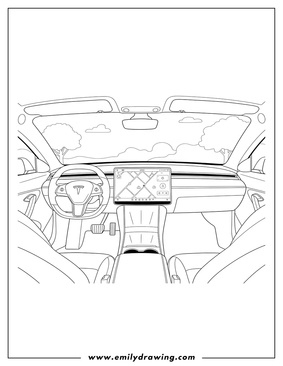 Printable line art of tesla Interior With High Tech Dashboard, showing the steering wheel and a large touchscreen