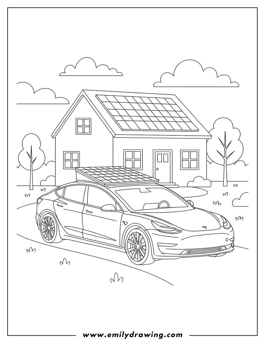 Coloring page of tesla Model 3 With Solar Roof parked in front of a house on a driveway