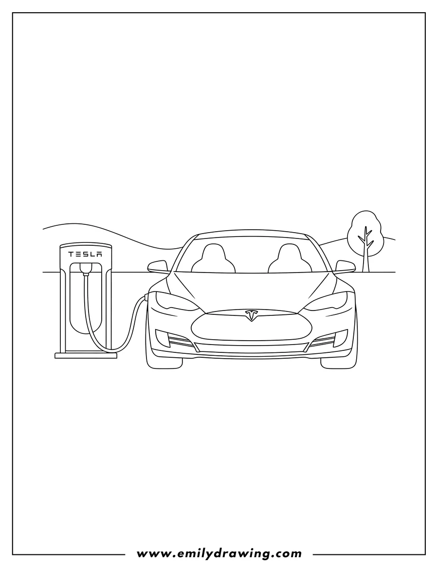 Coloring page for kids: tesla Model S charging at a Tesla Supercharger, front view