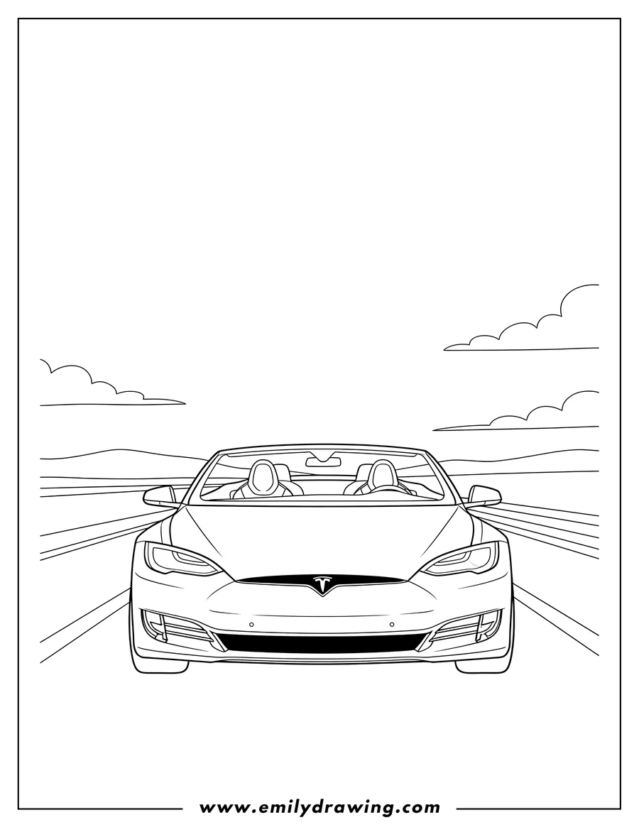 PDF style coloring page: tesla Model S convertible, front view, driving on a highway