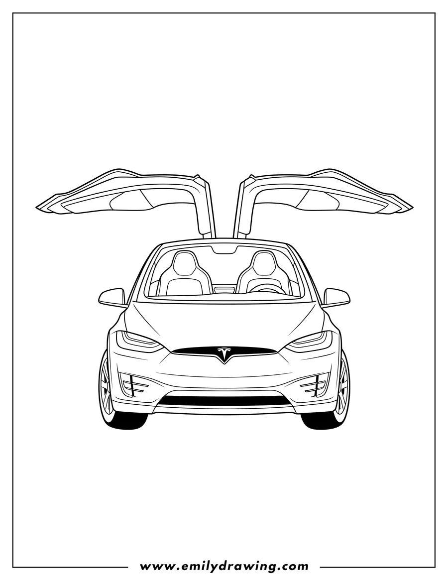 PDF style coloring page: tesla Model X Scaled with falcon-wing doors open, front view