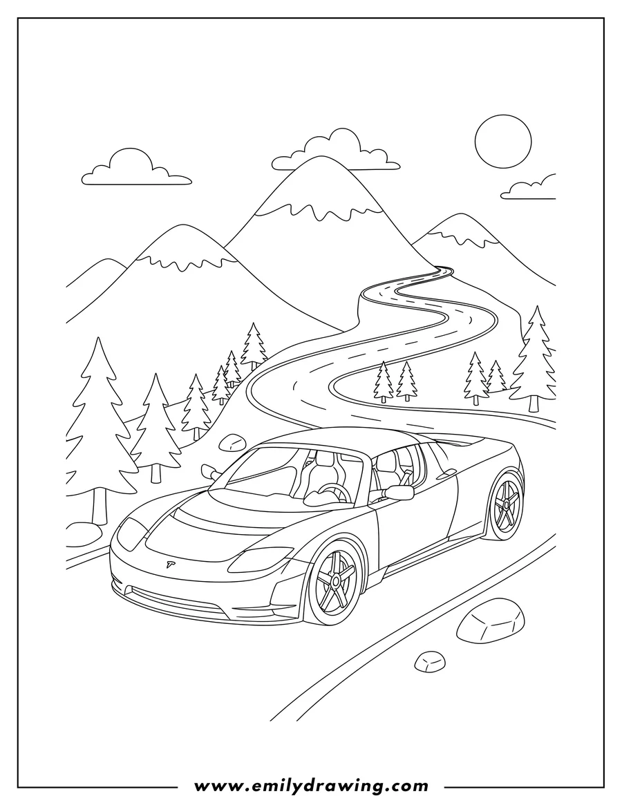 Coloring sheet featuring tesla Roadster on a winding mountain road coloring page