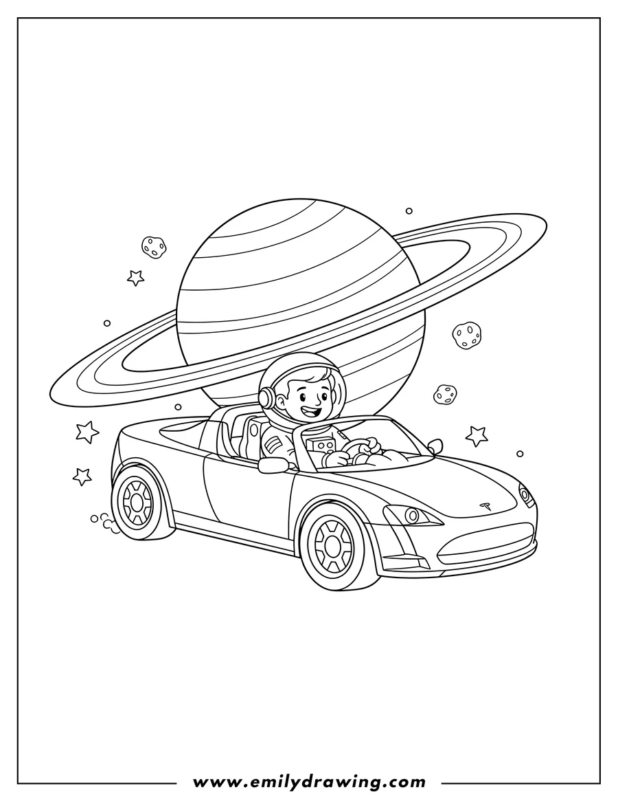 Simple sketch of tesla Roadster Space with an astronaut driving in front of a planet to color