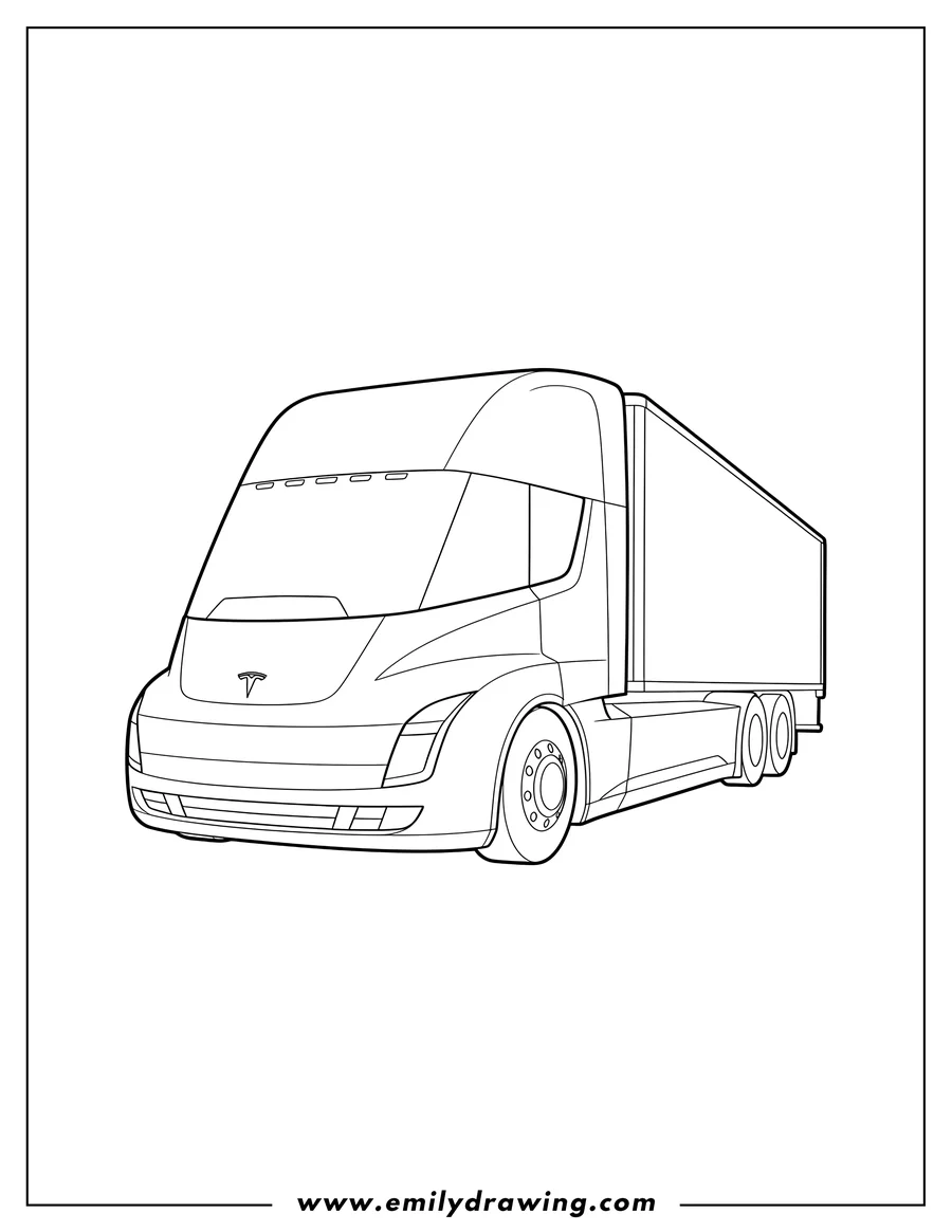 Coloring page for kids: tesla Semi Scaled, outline drawing, with Tesla logo on the front