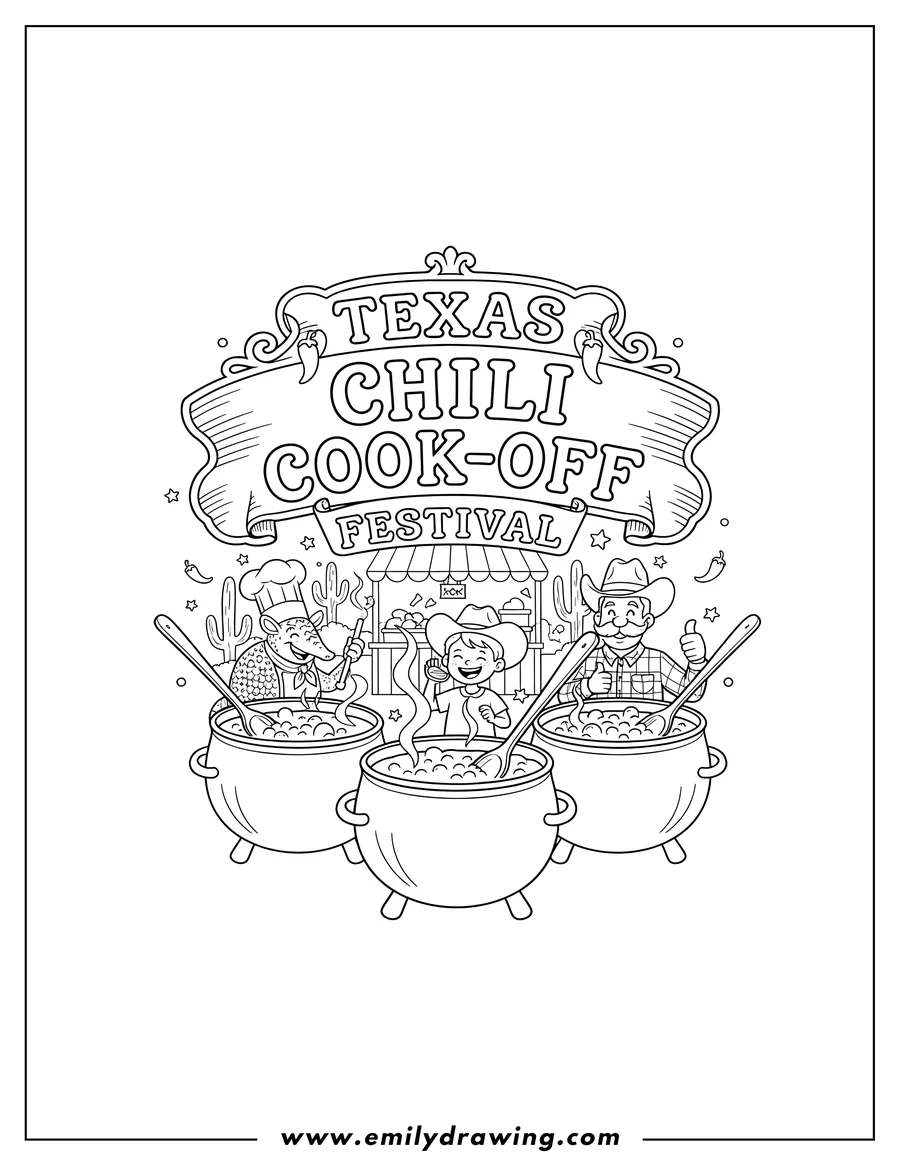 Coloring page of texas Chili Cook Off Festival With Steaming Pots, including a prominent 'TEXAS CHILI COOK-OFF' title and spoons in the chili pots