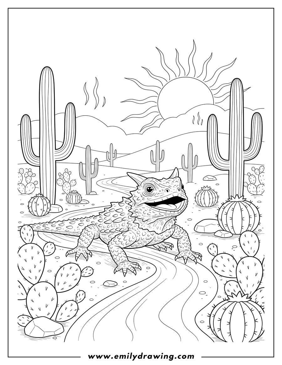 Free to print drawing of texas Desert Trail With a Horned Lizard crawling with an open mouth and a Cactus Landscape