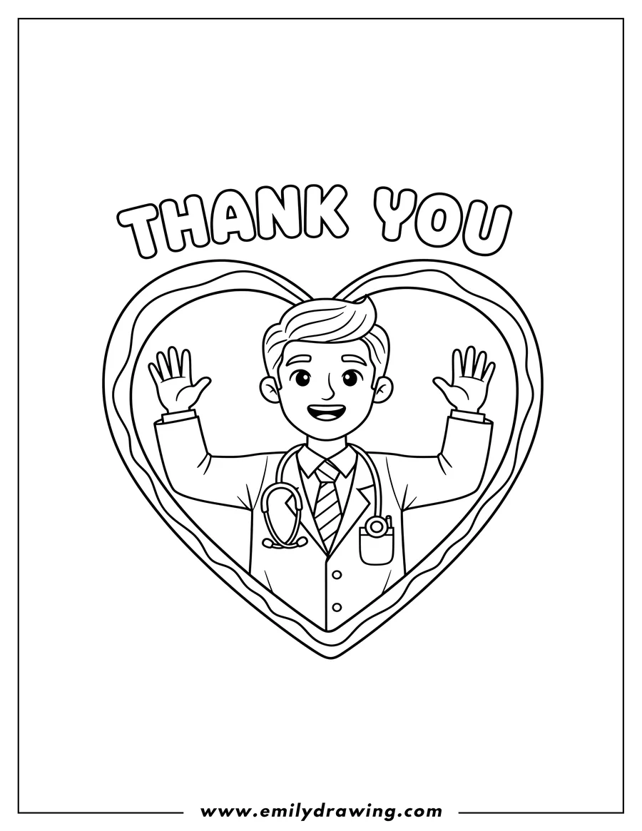 Doodle style coloring picture of thank You Inside Heart With Smiling Doctor in a lab coat and tie with a stethoscope