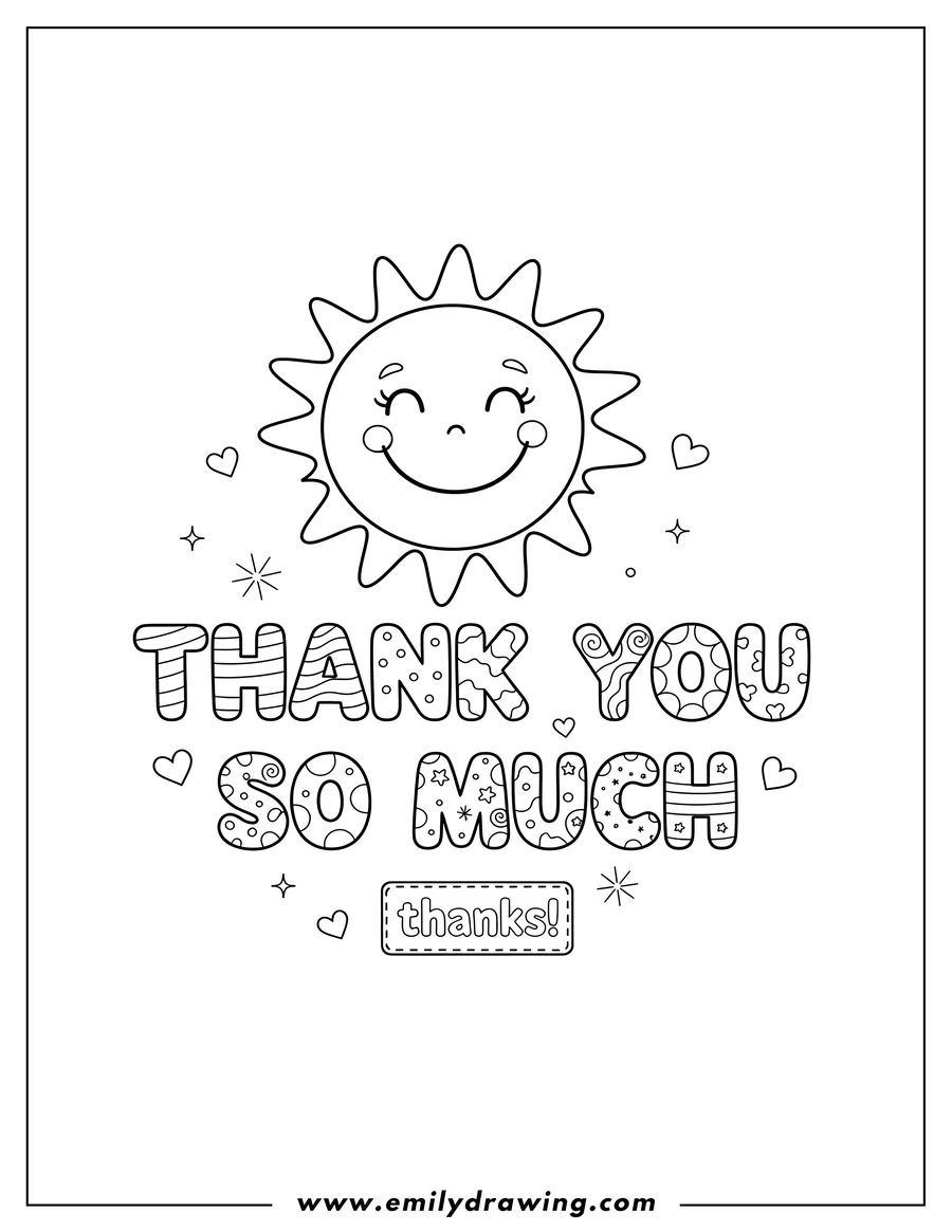 Outline drawing of thank You So Much With Sun, featuring decorated letters, a smiling sun, and a small 'thanks!' tag