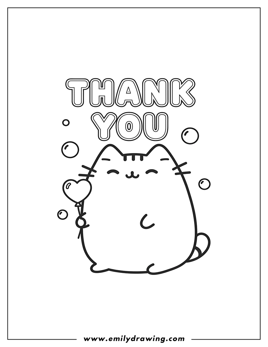 Coloring page for kids: thank You With Cute Pusheen, smiling under bubble letters