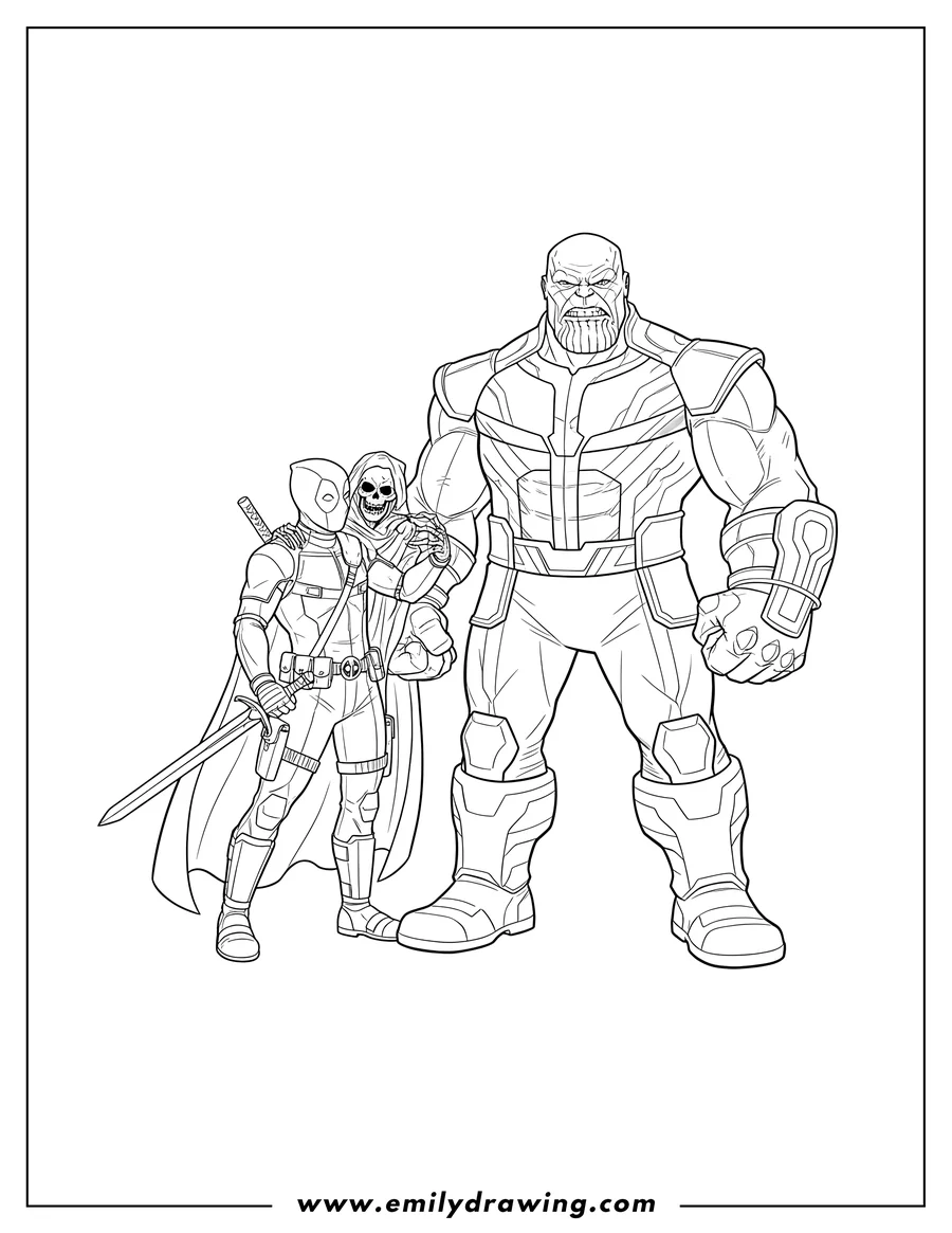 Downloadable coloring page of thanos clenches his fists, angered by Deadpool embracing Death and holding a sword