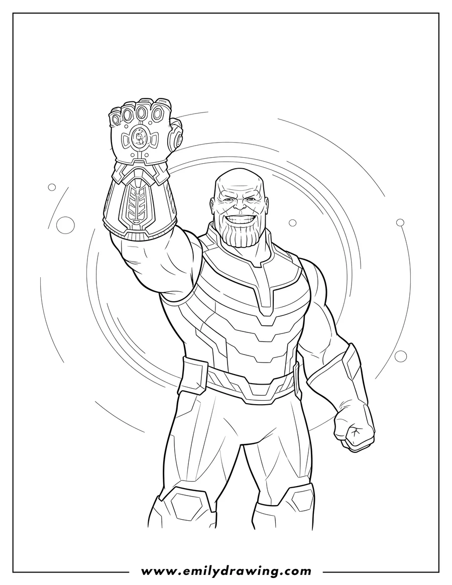 PDF style coloring page: thanos From End Game, wearing and raising the Infinity Gauntlet