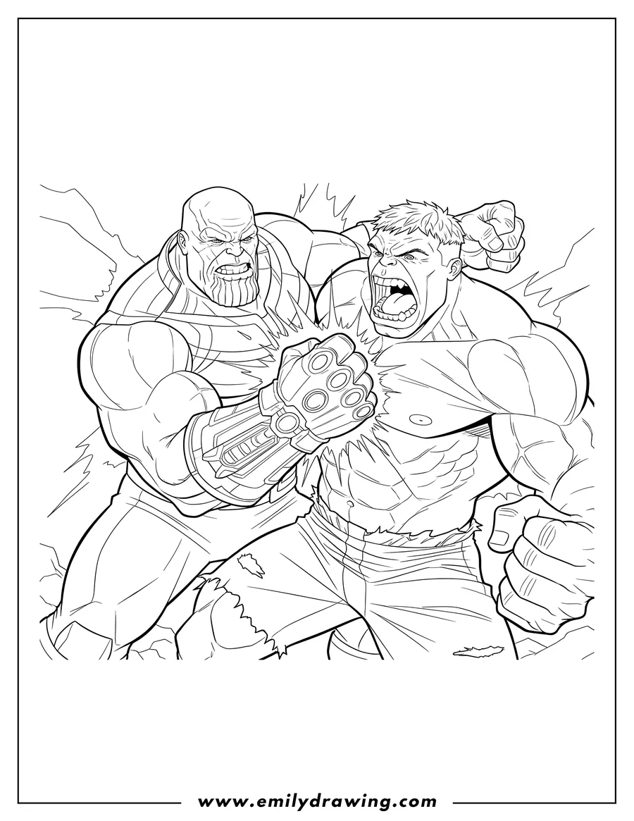 High quality printable thanos punching Hulk's chest, with Hulk roaring for coloring