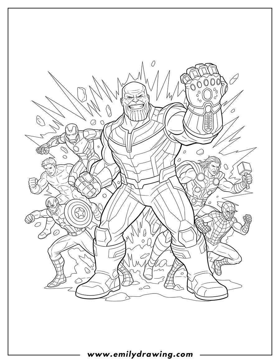 Vector style outline of thanos With All Avengers Poster, Thanos wearing Infinity Gauntlet, Avengers in battle poses