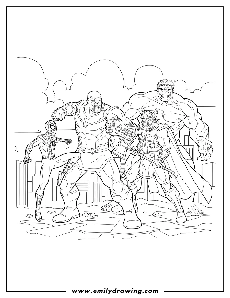 Black and white line art of thanos with Infinity Gauntlet fighting Spider-Man jumping, Thor with Stormbreaker, and Hulk