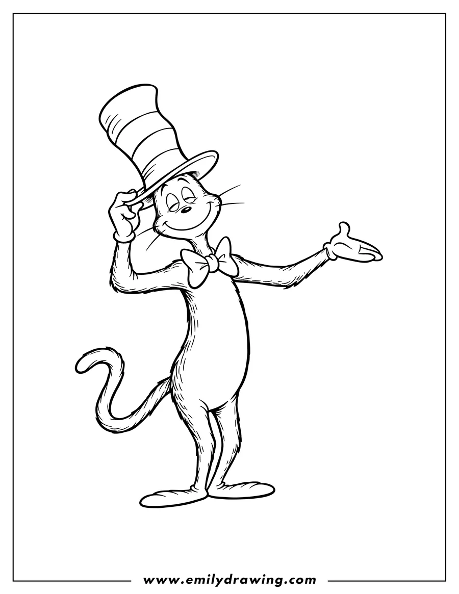 Simple sketch of the Cat in the Hat bowing and tipping his striped hat with eyes closed to color