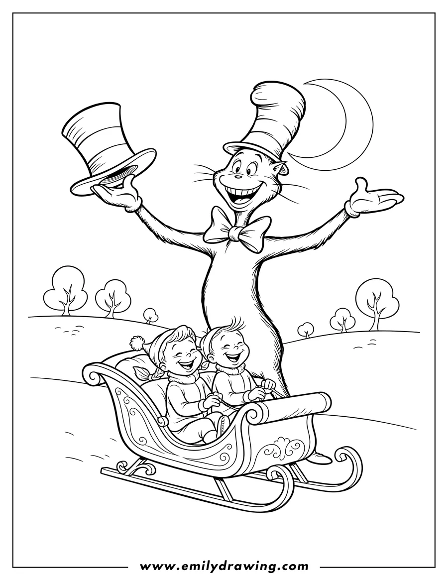 High quality printable 12 Scaled, Cat in the Hat smiling and holding his hat, with two children in a sleigh for coloring