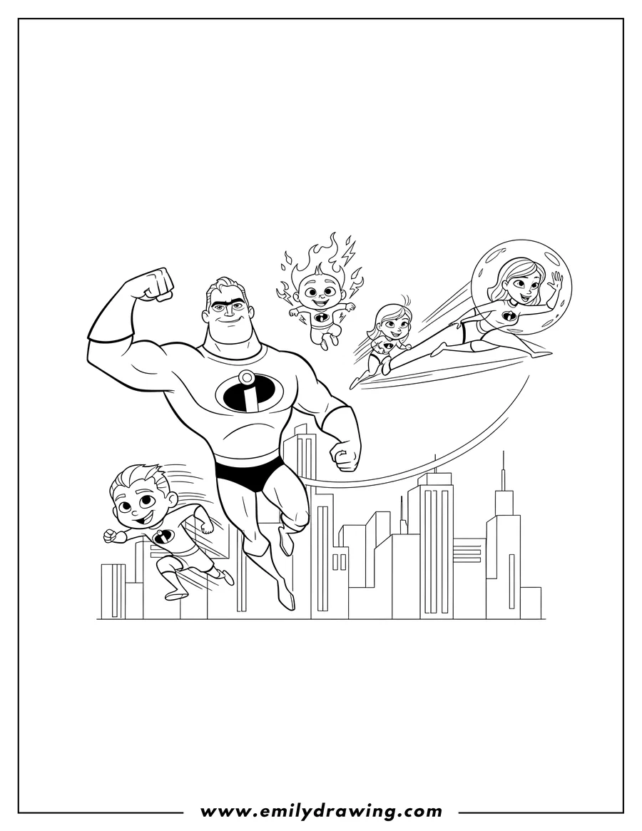 Free to print drawing of the Incredibles family in action