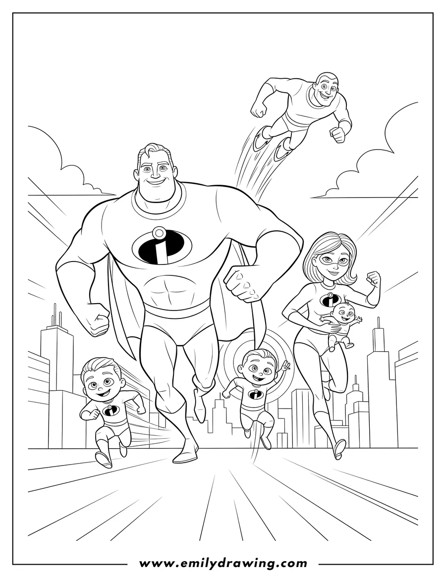 High quality printable the Incredibles family running, led by Mr. Incredible, with Syndrome and Frozone flying in the background for coloring