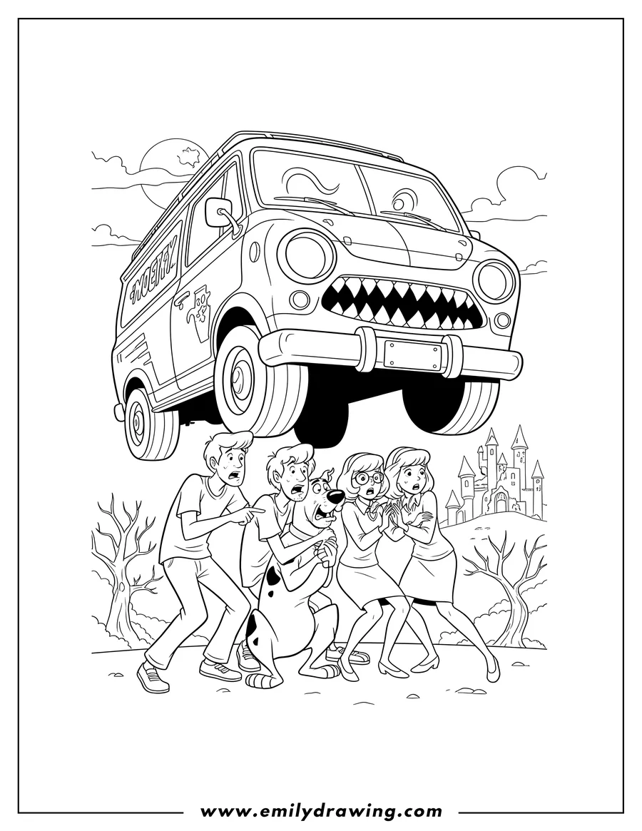 Doodle style coloring picture of scooby Gang With Mystery Machine Scaled, looking scared and huddled, with Fred pointing