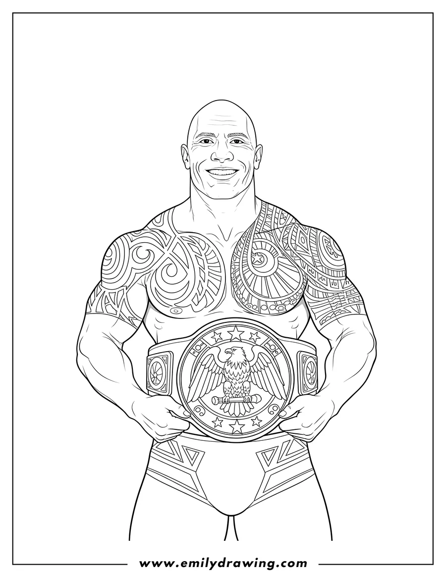 Clean line drawing: the Rock, bald and shirtless with a tribal shoulder tattoo, holding a championship belt