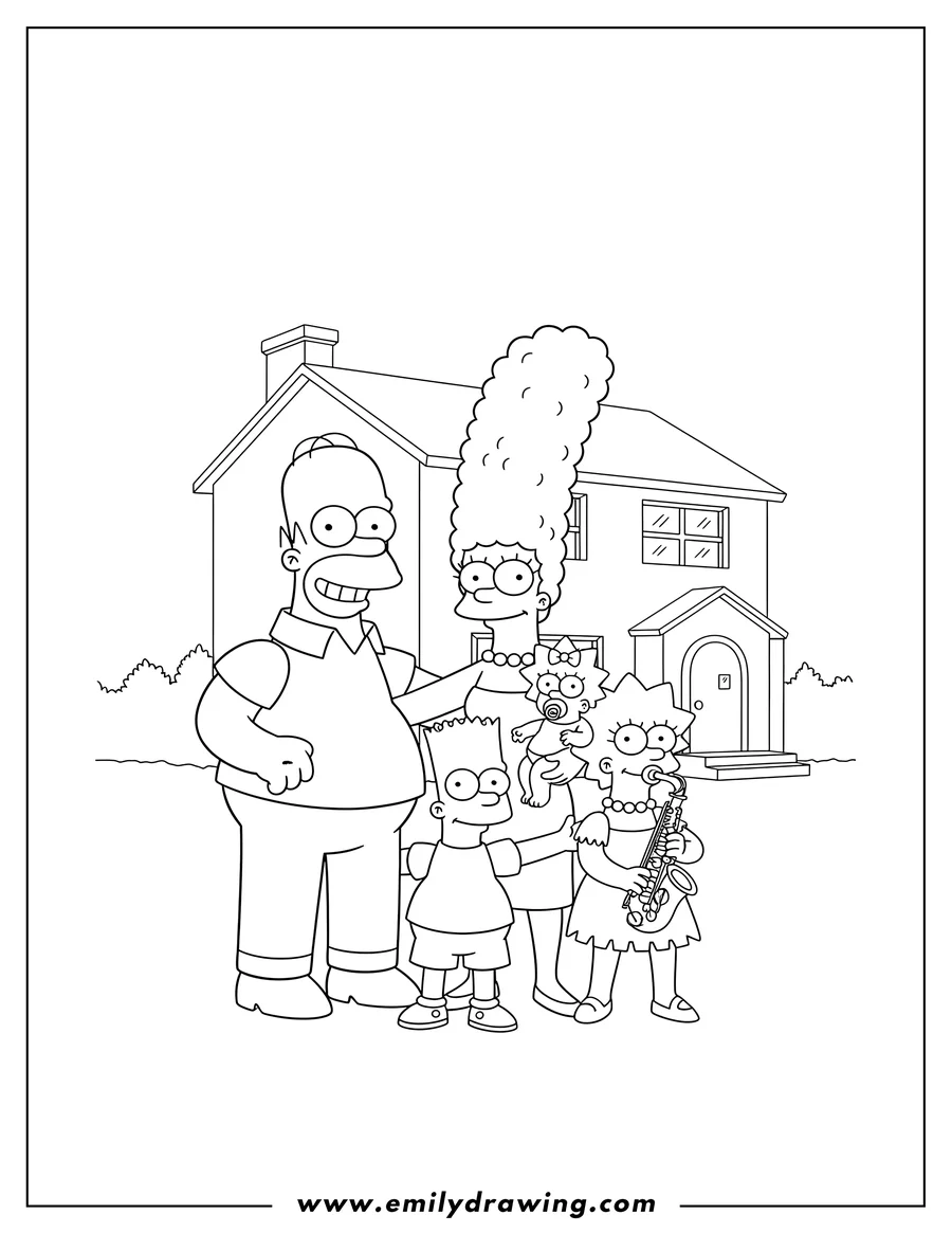 Free printable coloring sheet of the Simpsons family standing together in front of their house, with Marge holding Maggie