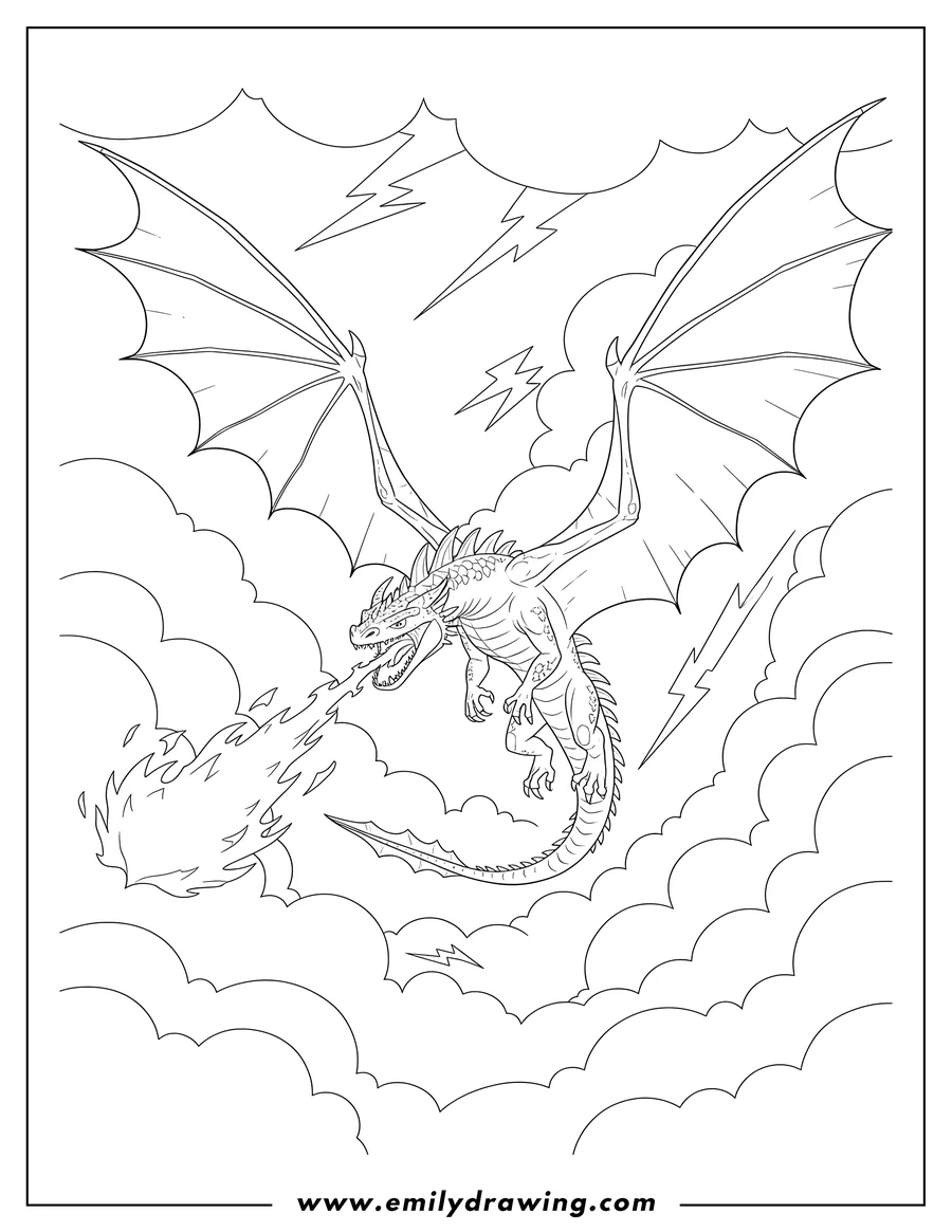 Coloring sheet featuring how To Train Your Dragon Skrill flying and breathing fire