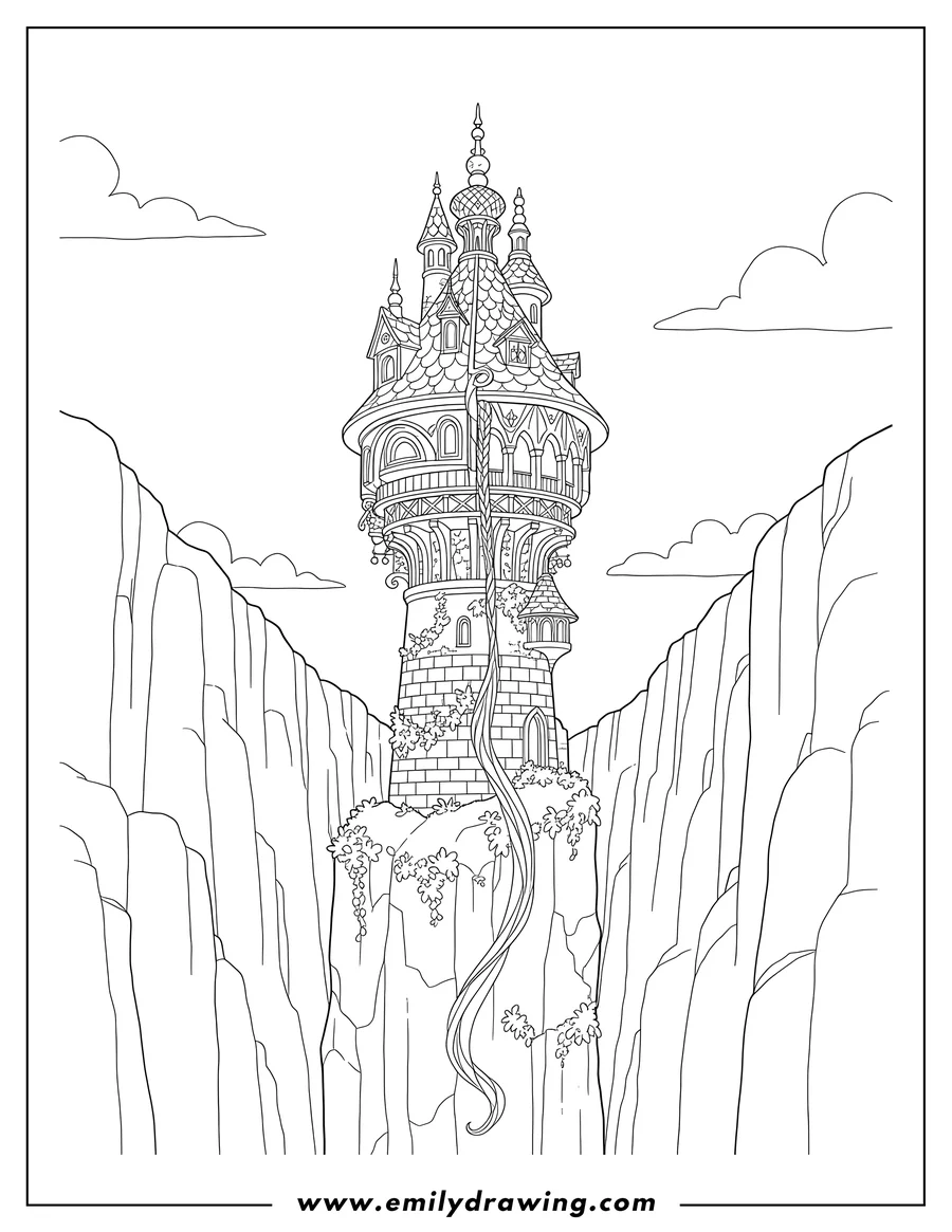 Printable line art of tower From Tangled Scaled, nestled in steep cliffs, with an ornate top