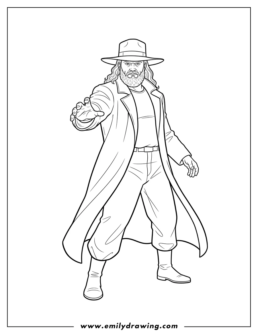 High quality printable simple To Color Drawing Undertaker with hat, long coat, long hair, and beard, in a commanding pose for coloring